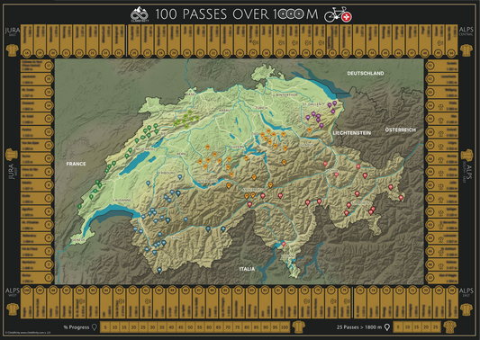 100 Passes Cycling Challenge Rubbelkarte für Radfahrer, Schweiz (Rahmen oder Box)