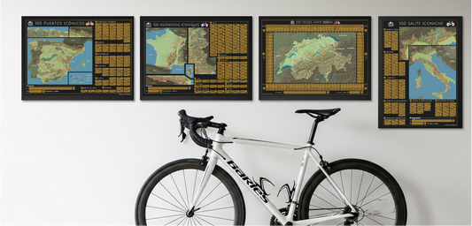 An image of 4 cycling scratch maps and a roadbike
