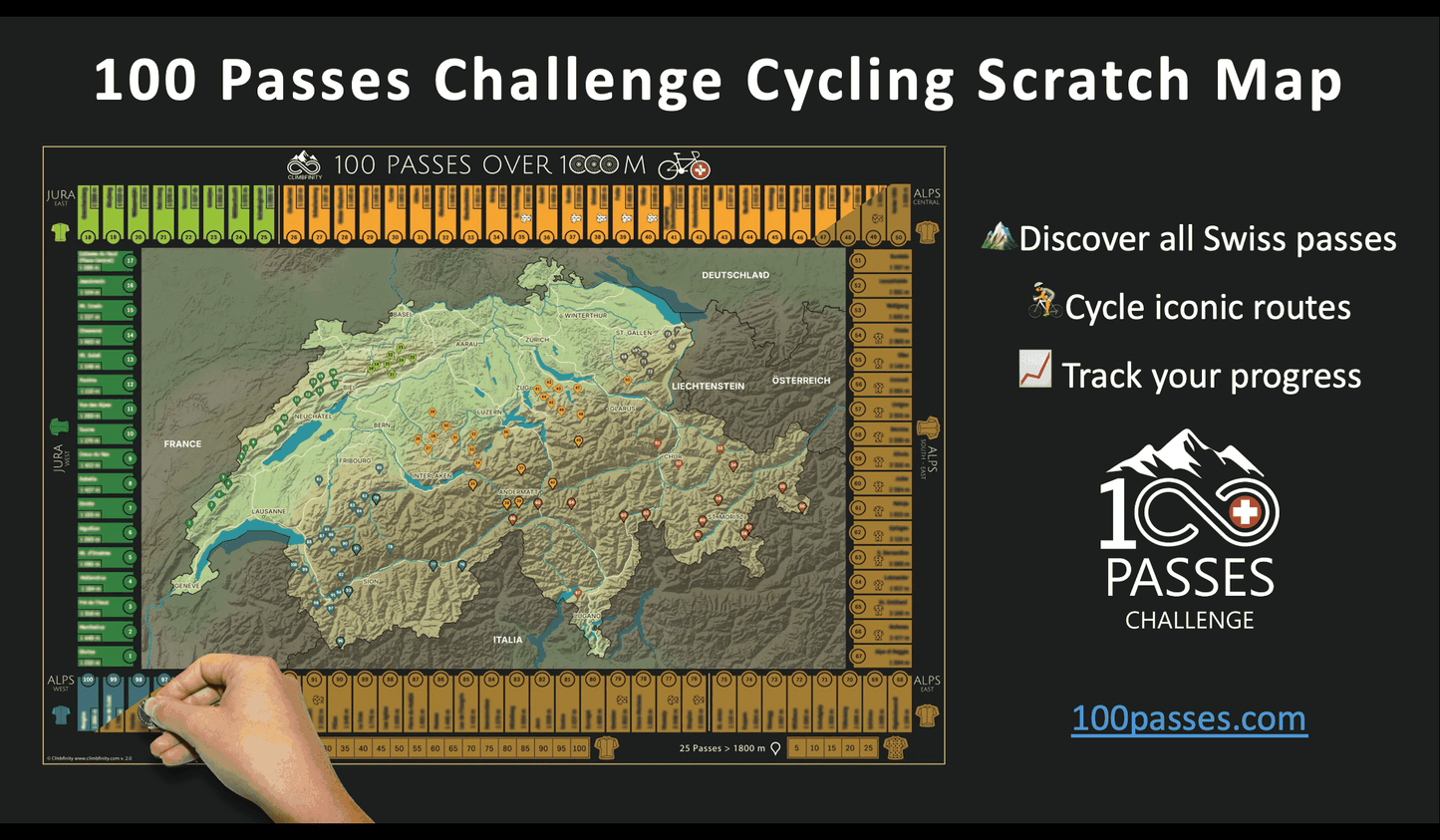 100 Passes Cycling Challenge Rubbelkarte für Radfahrer, Schweiz (Rahmen oder Box)
