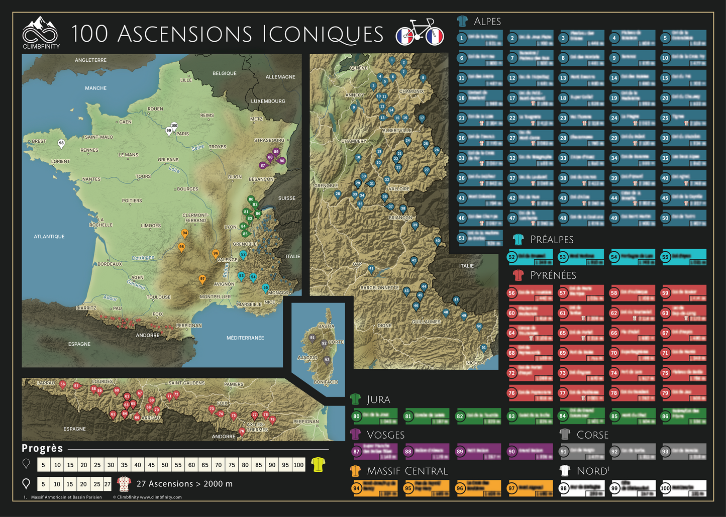 100 Ascensions Iconiques – Fahrrad-Rubbelkarte Frankreich (A2-Format)