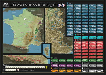 100 Ascensions Iconiques – Fahrrad-Rubbelkarte Frankreich (A2-Format)