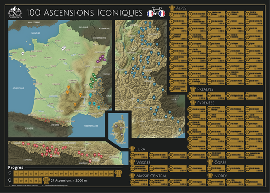 100 Ascensions Iconiques – Fahrrad-Rubbelkarte Frankreich (A2-Format)