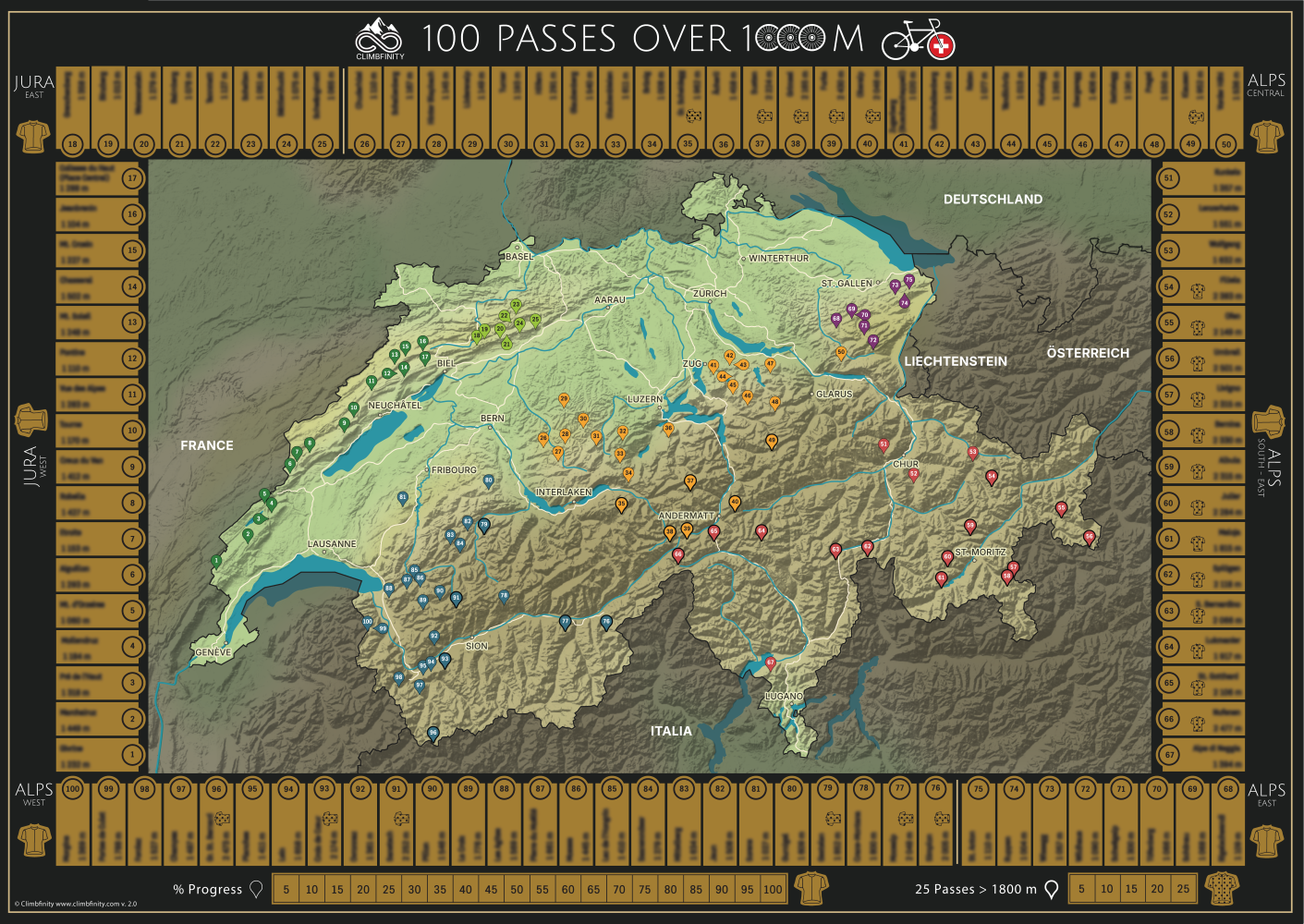 schweiz rennrad pässe 100 Passes Cycling Challenge Rubbelkarte für Radfahrer, Schweiz