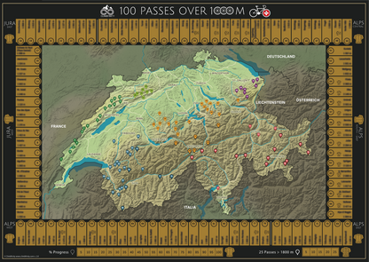 100 Passes Cycling Challenge Rubbelkarte für Radfahrer, Schweiz (Rahmen oder Box)