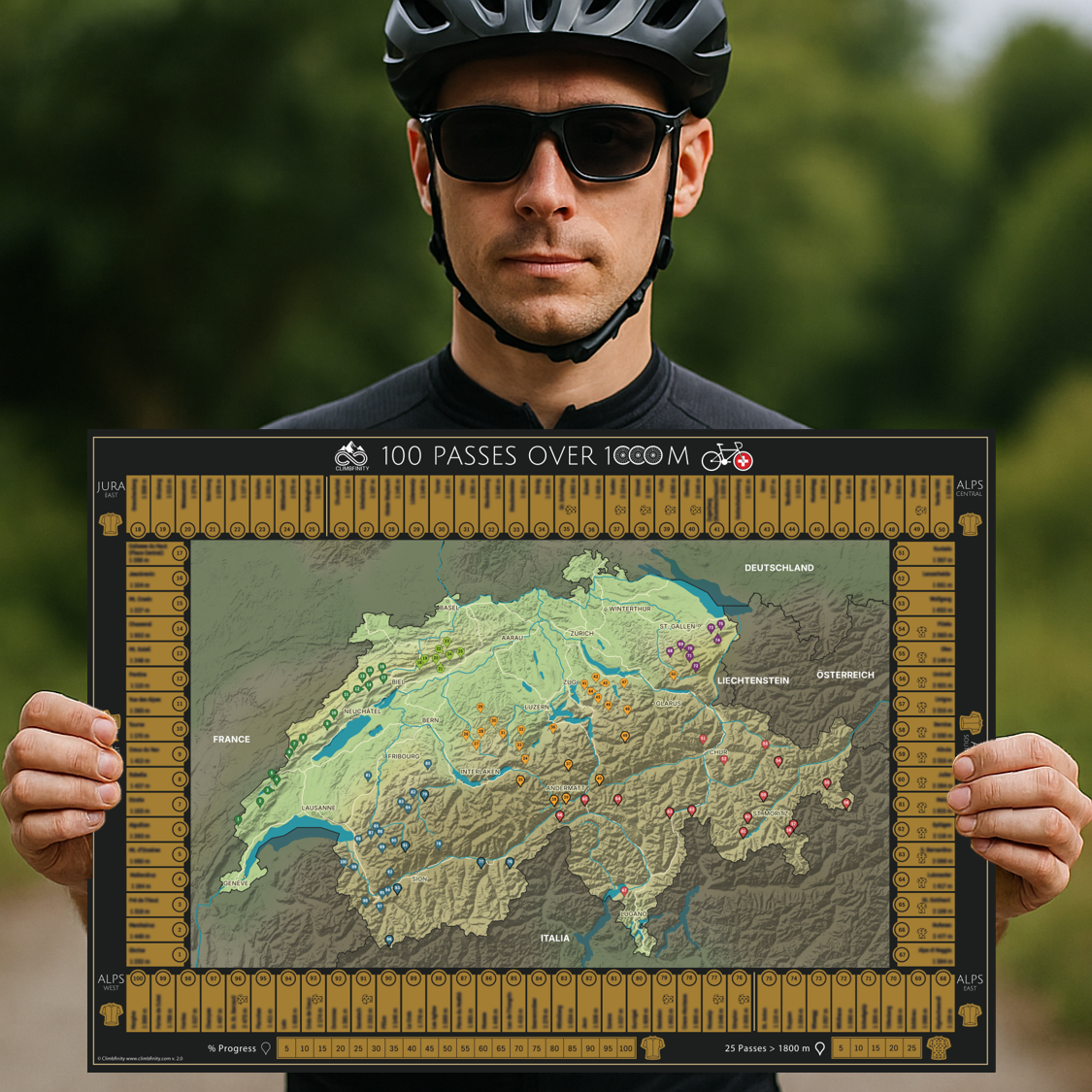 100 alpenpässe mit dem rennrad 100-Pässe-Radkarte der Schweiz (Rubbelkarte) – Climbfinity